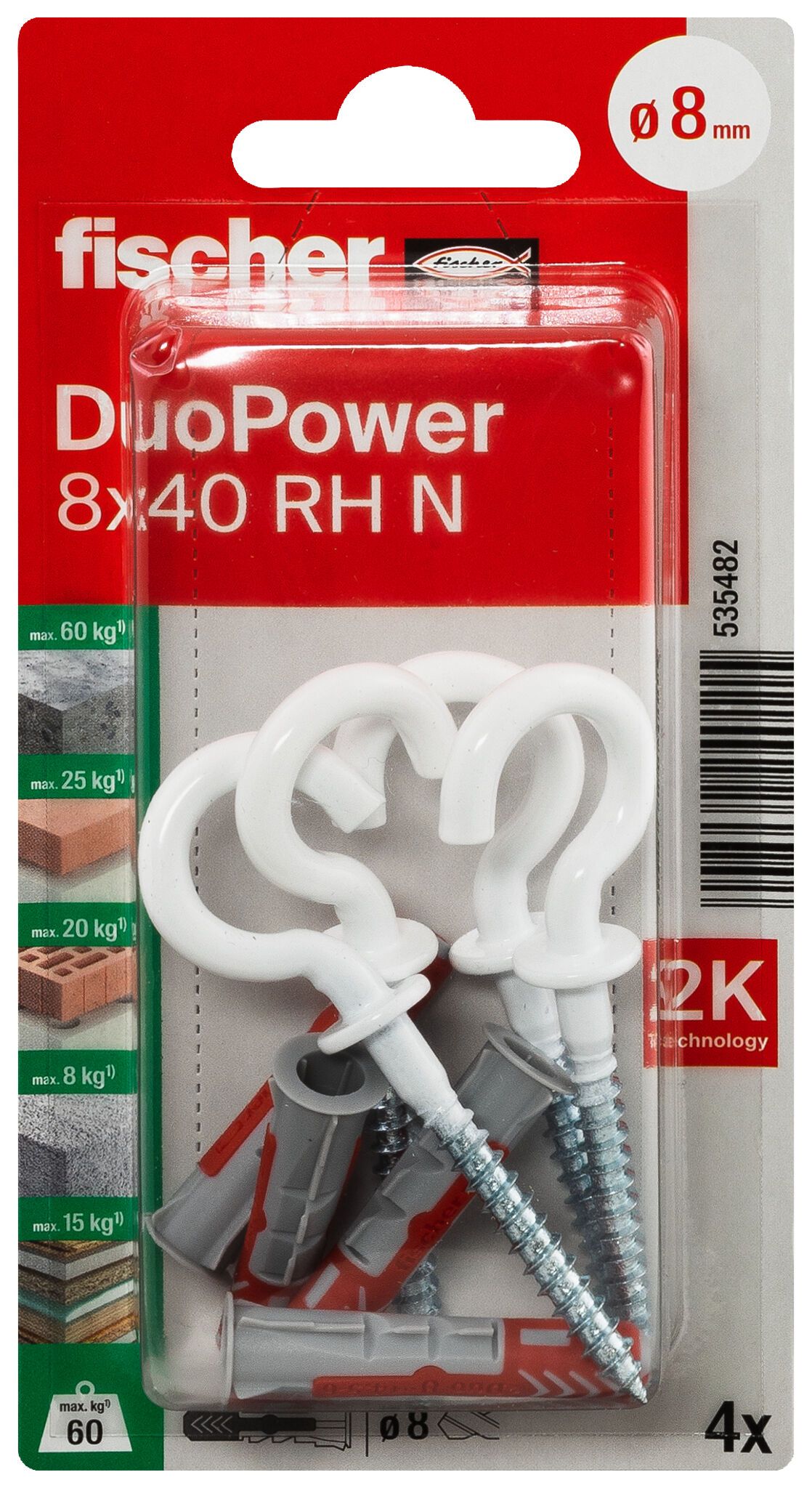 Fischer DuoPower kétkomponensű nylon dübel 8 x 40 RH N K - körkampóval, nylon bevonattal, bliszteres, 4 db/csomag termék fő termékképe